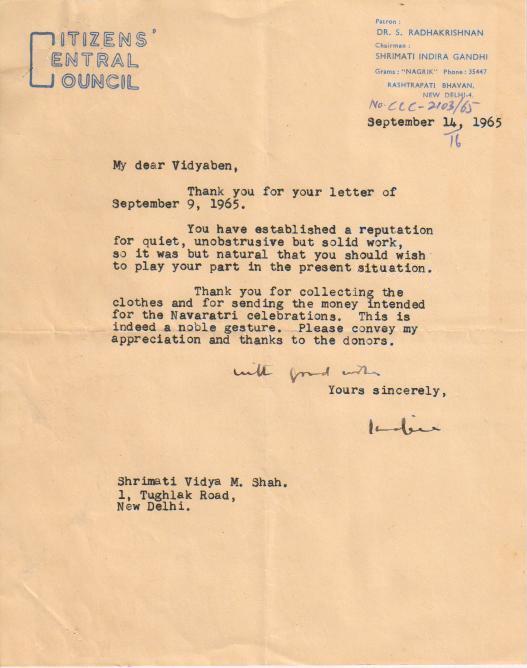Letter from Indira Gandhi to Vidyaben in 1965